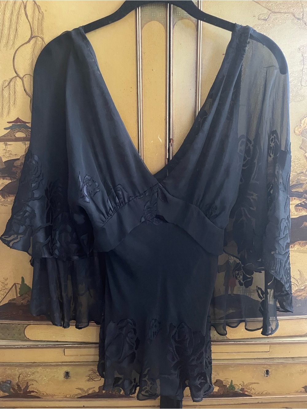 NEW TRACY REESE ANTHROPOLOGIE VTG Y2K Black Silk Rose Burnout Capelet Blouse Top